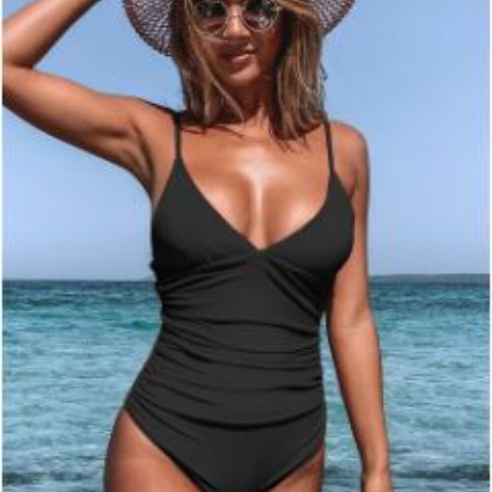 Black Shirring V Neck One Piece Swimsuit